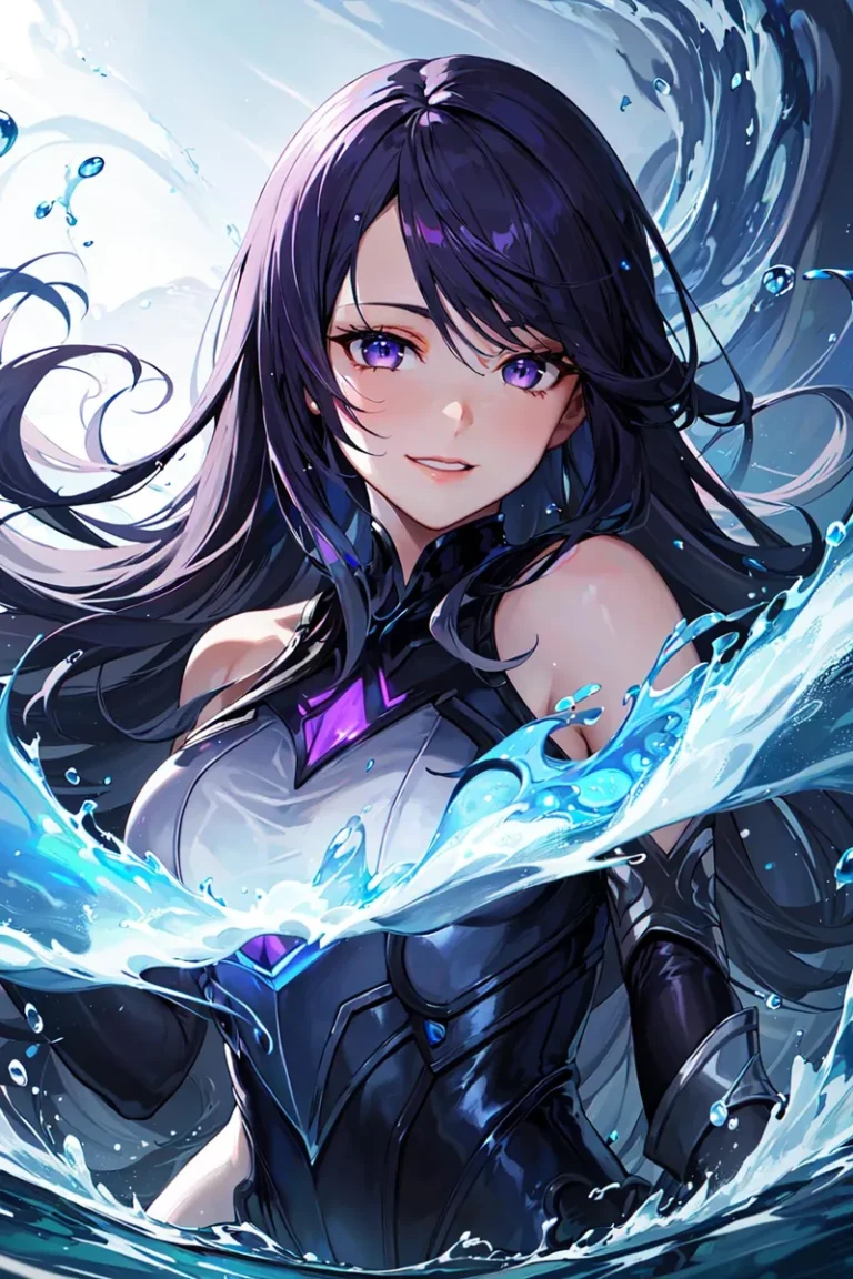 Anime woman with long purple hair and striking purple eyes. She is wearing black and gray armor with purple highlights, and water waves are prominently flowing around her.