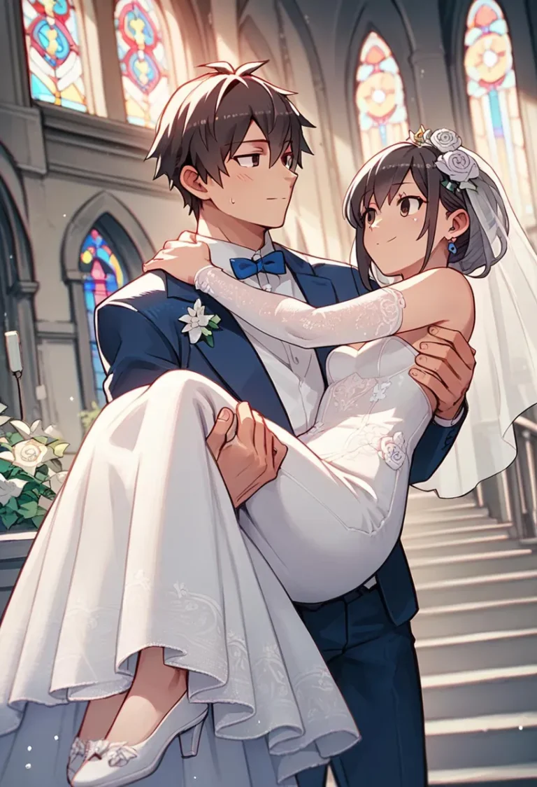 Anime wedding scene with a bride in a white dress and groom in a blue suit, generated using Stable Diffusion.