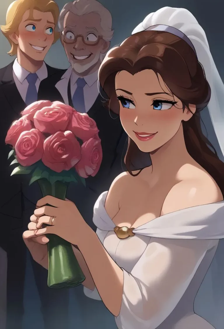 Anime bridal scene featuring a smiling bride holding a bouquet of pink roses. The bride, with brown hair and a veil, is in a white dress in front of two men in suits. AI generated using Stable Diffusion.