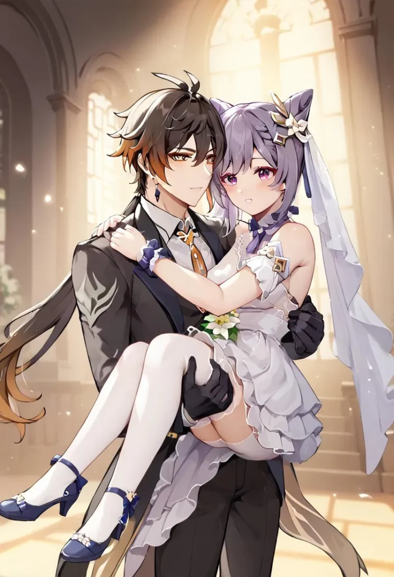 A romantic anime couple in wedding attire within a cathedral setting, created using Stable Diffusion.