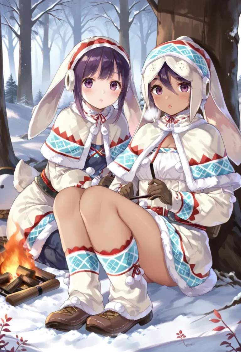 Two anime girls dressed in cute winter outfits with bunny ears, sitting by a campfire in a snowy forest. AI generated using Stable Diffusion.