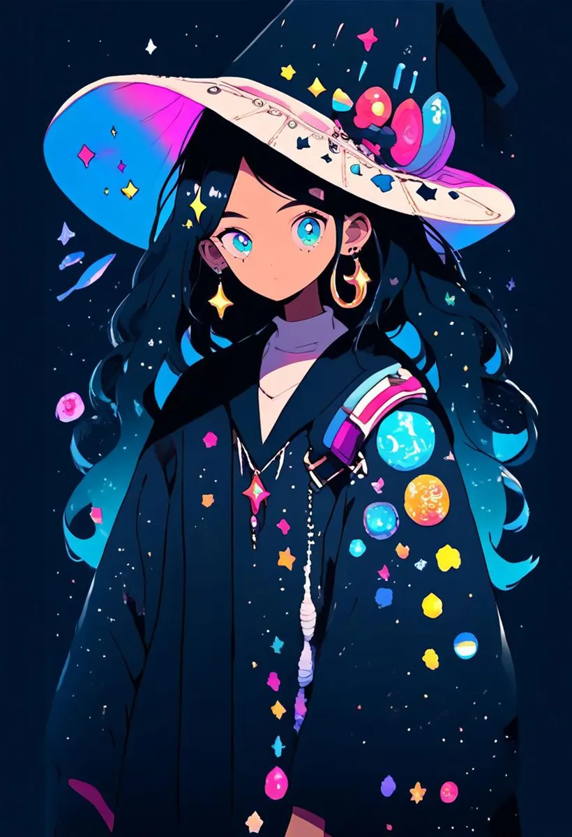 An AI-generated anime-style image depicts a magical girl with galaxy-themed embellishments on her clothing and hat using Stable Diffusion.