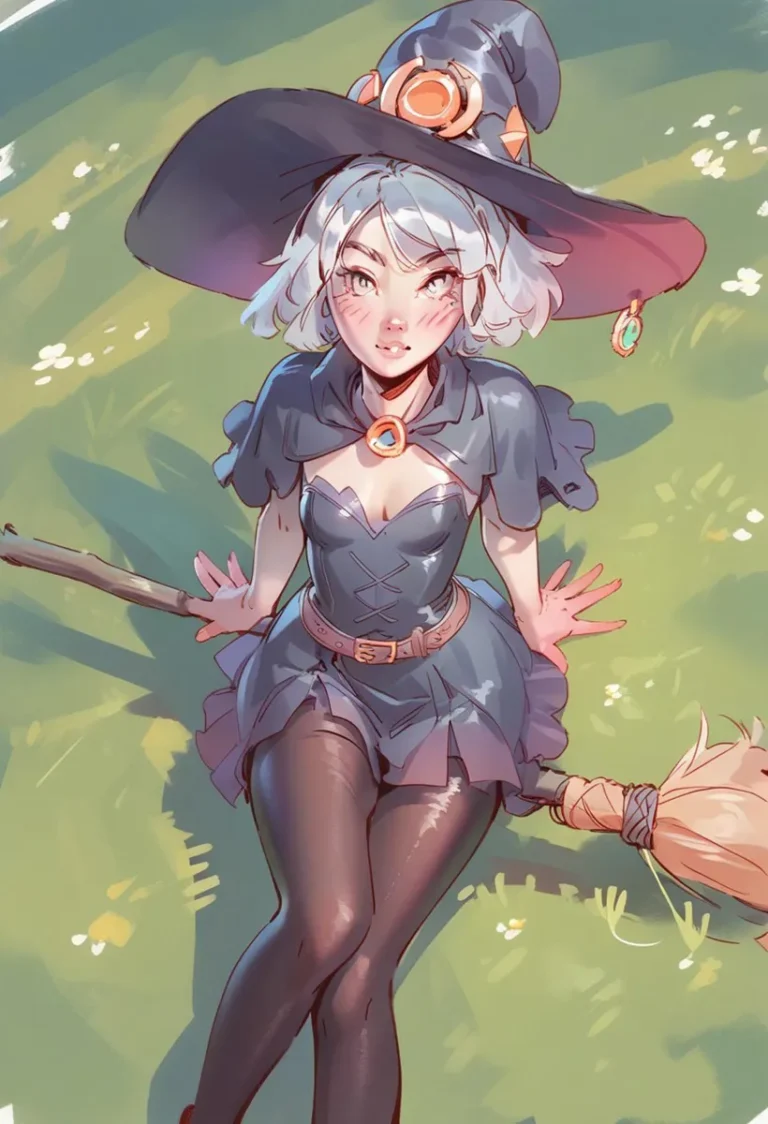 A detailed anime-style illustration of a young witch with white hair wearing a large witch hat, a dark dress, and tights, holding a broomstick. Created using Stable Diffusion AI.