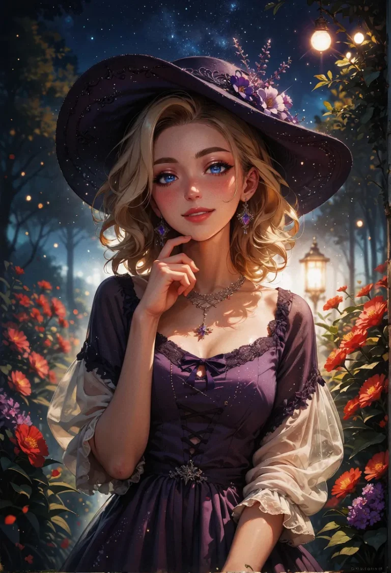 An AI generated image using stable diffusion of a beautiful anime woman dressed as a witch with a large hat, floral decorations, and a background of a night garden.