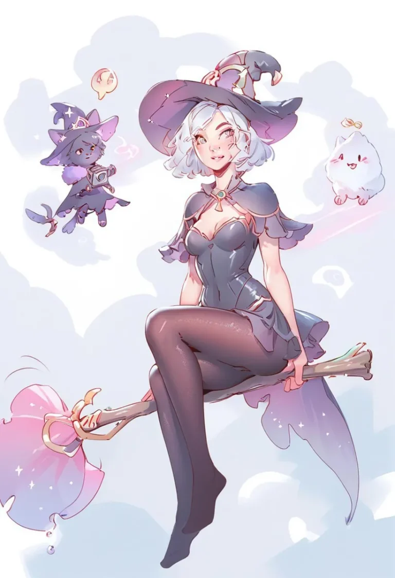 Anime-style witch with a black outfit and hat, holding a magical broom, accompanied by a cute floating cat and a fluffy white familiar, AI generated using Stable Diffusion.