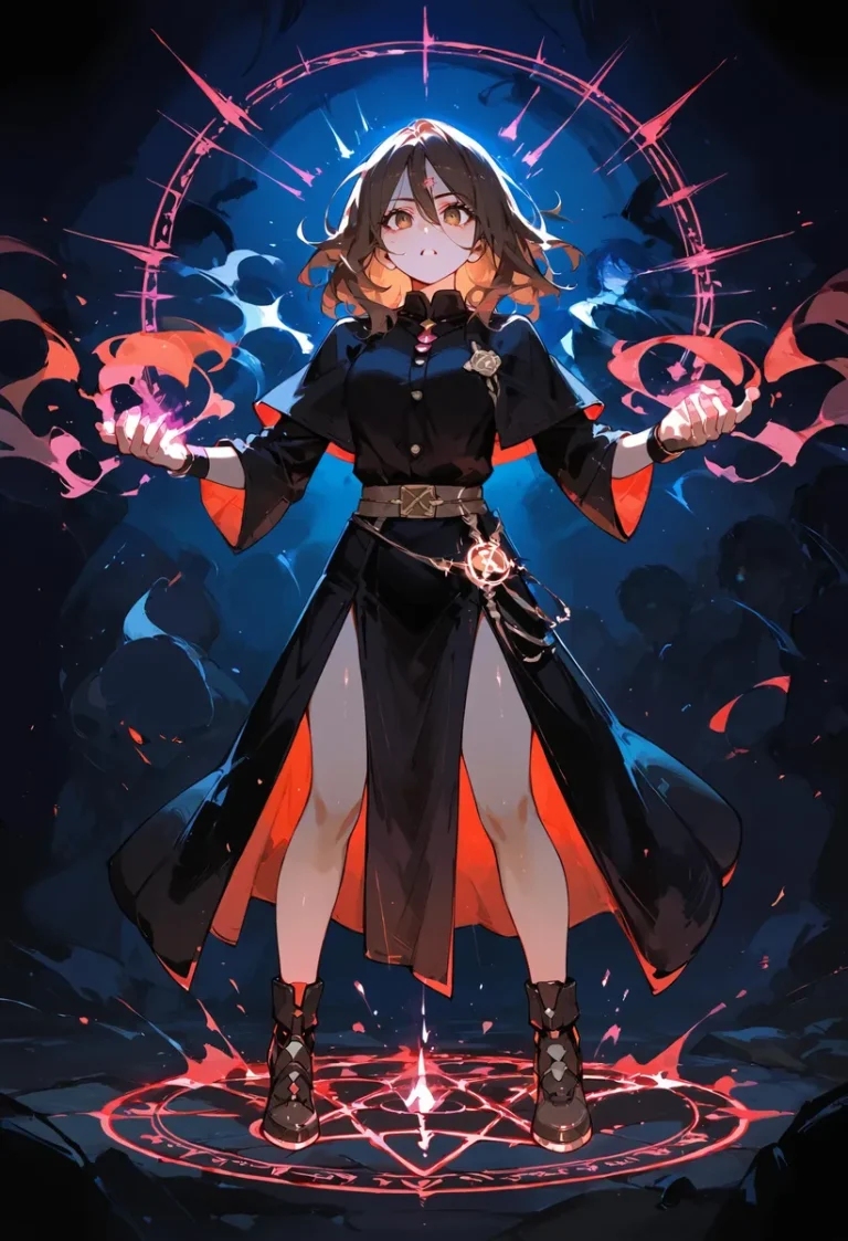 A dark-themed anime witch standing on a glowing magic circle with mystical energy radiating from her hands. Generated using stable diffusion.