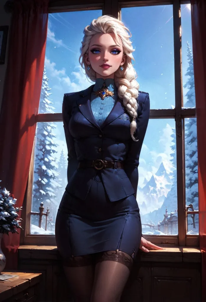 An AI generated image of an anime-style woman with long blonde hair in a blue dress standing in front of a window with a snowy winter landscape using stable diffusion.