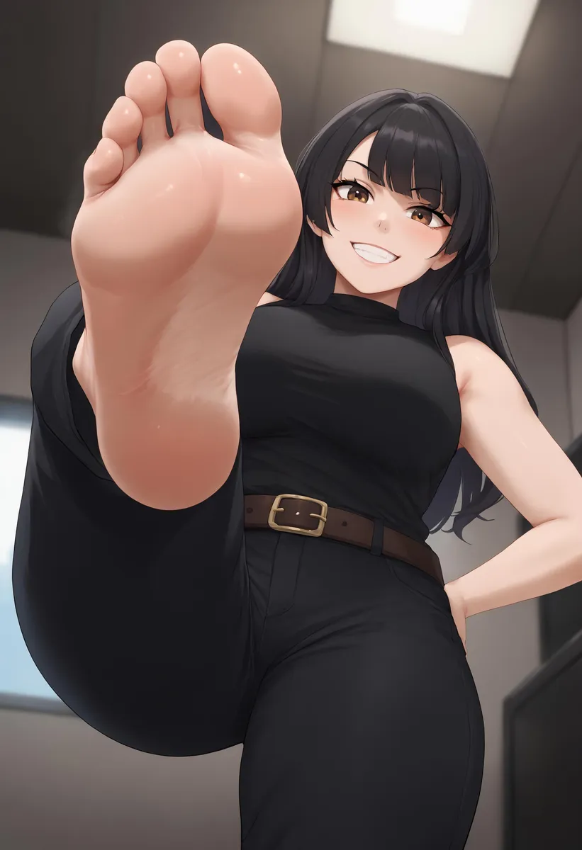 AI generated image of an anime woman wearing black clothes, with a close-up of her bare foot in perspective, created using Stable Diffusion.