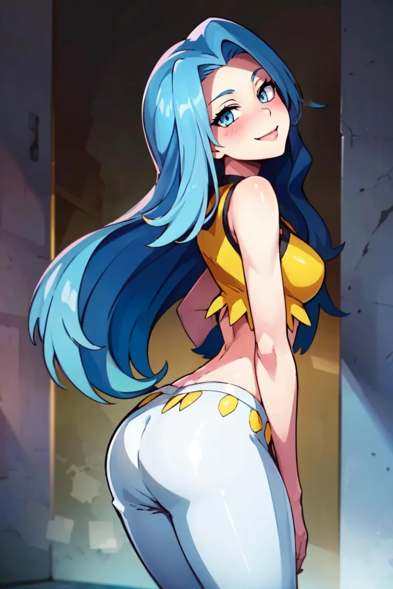 An anime woman with long blue hair and blue eyes, wearing a yellow top and white pants. AI generated image using Stable Diffusion.