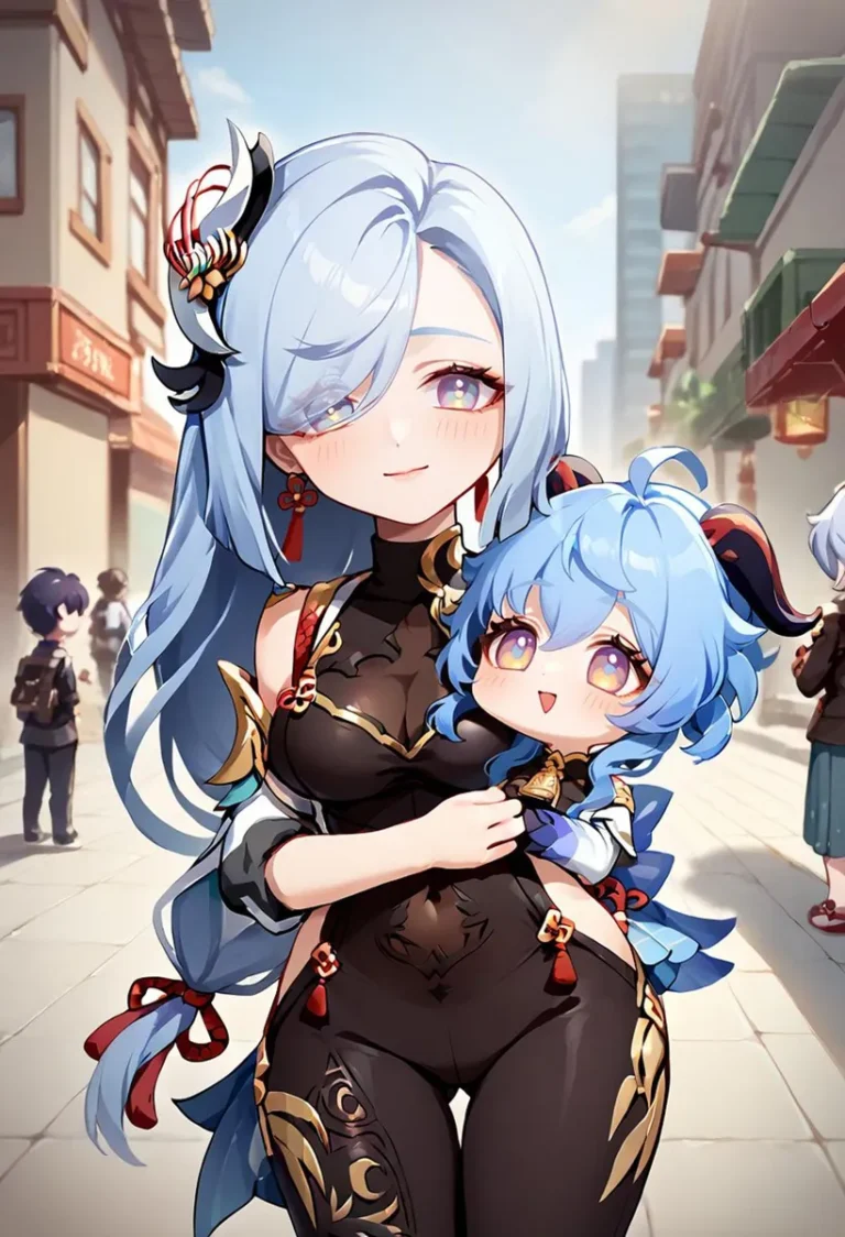 Anime-style woman with long blue hair holding a smaller chibi version of herself. Both characters have intricate costumes with gold and red details, set against a city street background. This is an AI generated image using stable diffusion.