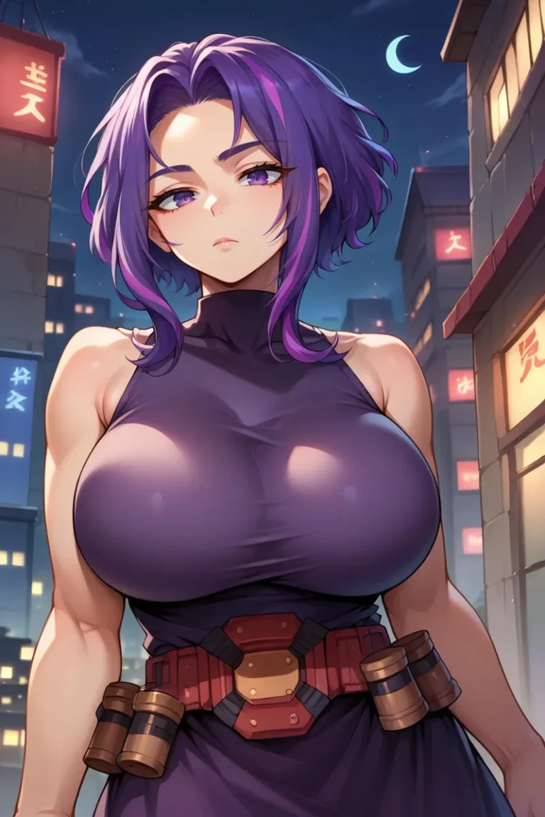 A digital art depiction of an anime-style woman with purple hair standing in a cyberpunk night cityscape. AI generated image using Stable Diffusion.