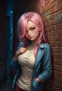 An AI generated anime woman with pink hair and purple eyes standing in a cyberpunk alley at night. The figure wears a blue leather jacket and a cream turtleneck, leaning against a graffiti-covered brick wall.