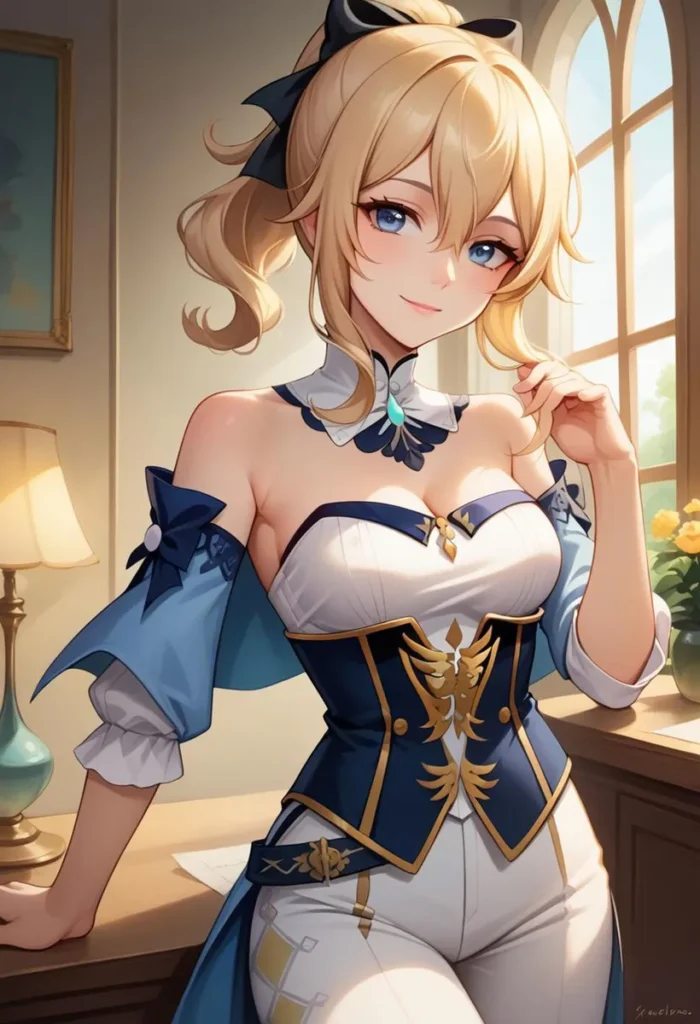 Anime style woman with blonde hair, wearing a detailed blue and white costume. AI generated using Stable Diffusion.