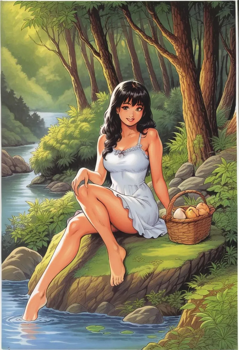 Anime woman with dark hair sitting on a rock by the river in a peaceful forest. She is wearing a white dress and has a basket of bread beside her, AI generated using Stable Diffusion.