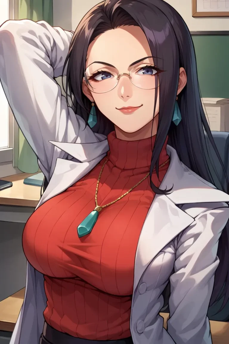 Anime style image of a confident woman with long dark hair, glasses, and a bright green pendant, generated by AI using Stable Diffusion.