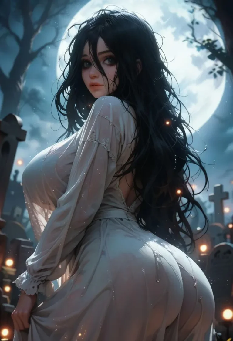 Anime woman with long black hair in a gothic cemetery, under a full moon. AI generated image using stable diffusion.