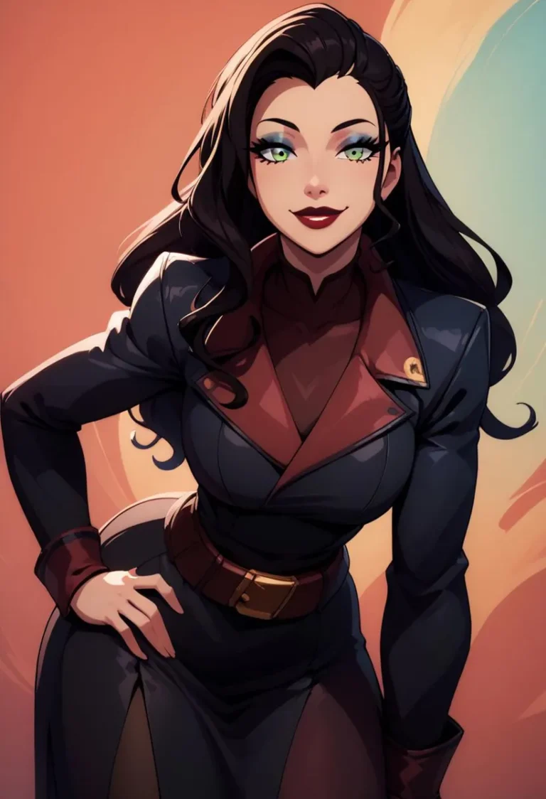 Anime-style woman with long black hair, dramatic green eyes, and a confident expression, wearing a stylish black and red outfit with a belt.