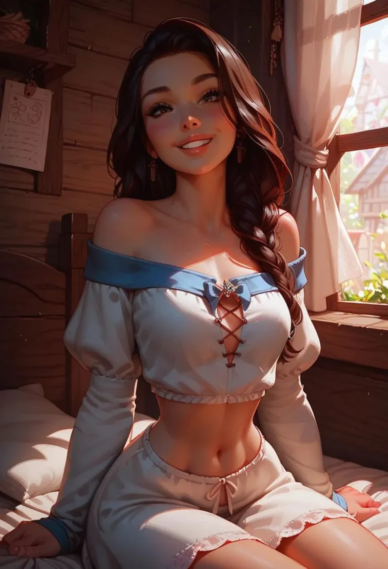 AI-generated image using Stable Diffusion of a smiling anime woman with long dark hair in a medieval-style outfit, sitting by a window with sunlight casting warm light.