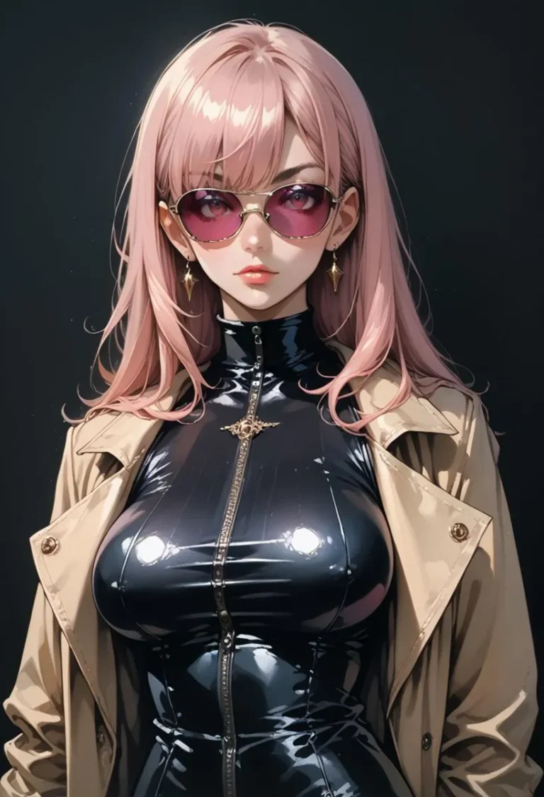 An anime woman with pink hair wearing sunglasses and a trench coat over a black glossy outfit, created using Stable Diffusion.