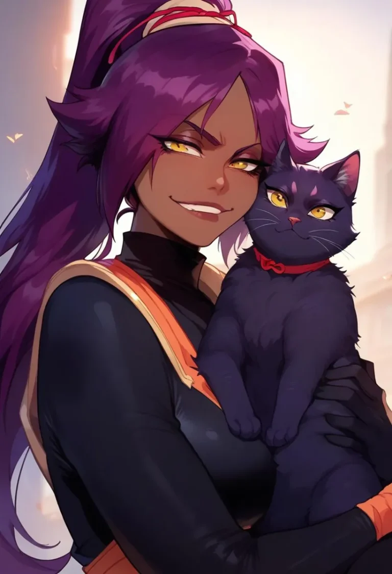 AI generated image of an anime-style woman with purple hair, golden eyes, and red hair tie holding a black cat with matching golden eyes.