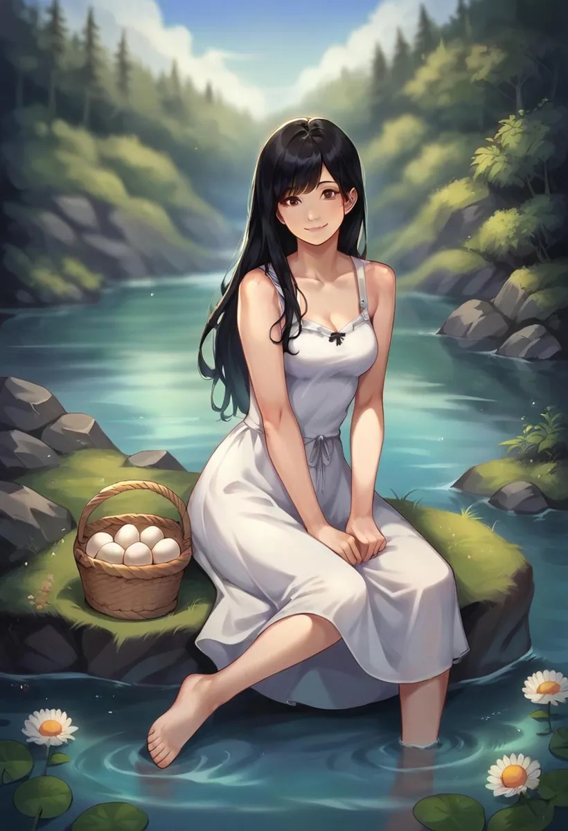 Anime woman sitting by a peaceful river with a basket of eggs next to her, AI generated using Stable Diffusion