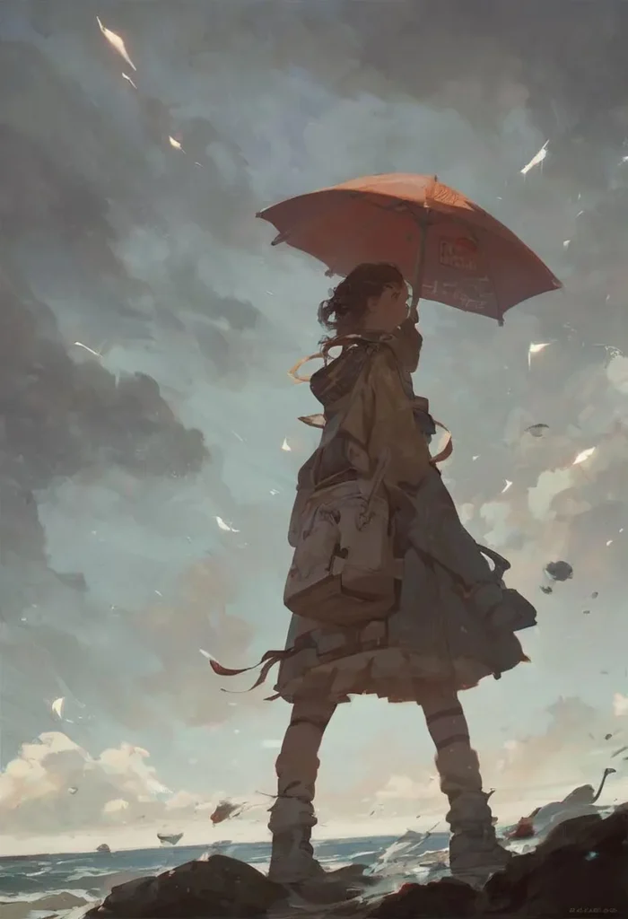 A woman standing on rocky terrain holding a red umbrella under a dramatic sky. The image is an anime-style rendering created using Stable Diffusion AI technology.