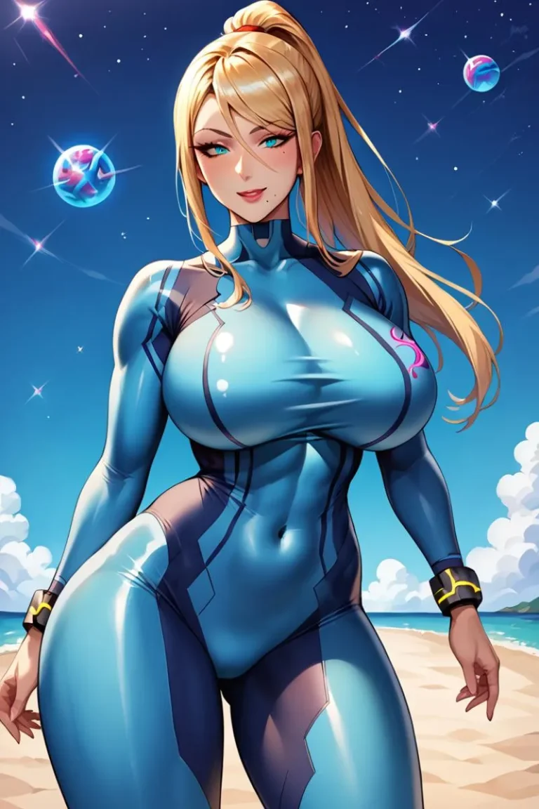 Anime-style warrior woman with long blonde hair, wearing a tight blue bodysuit, on a futuristic beach, AI generated using Stable Diffusion.