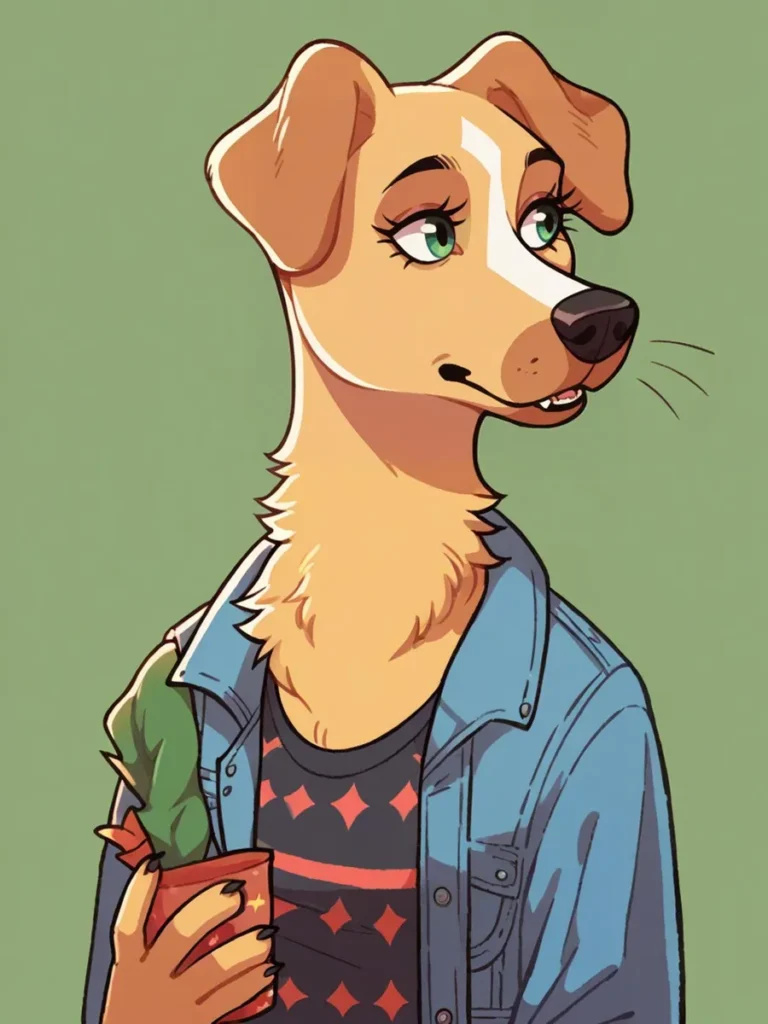 An anthropomorphic dog holding a potted plant, wearing a denim jacket, and looking off to the side. AI generated image using Stable Diffusion.