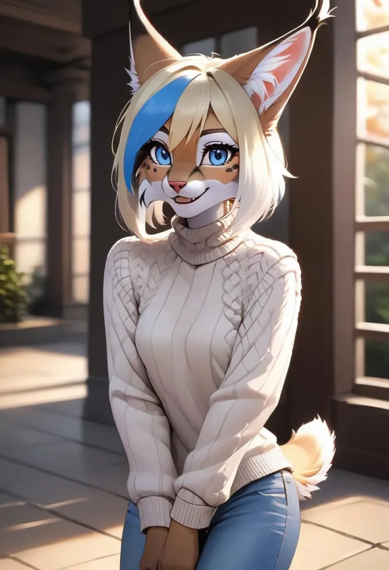 Anthro lynx girl with blue eyes and blonde hair, wearing a knit sweater, standing indoors. AI generated image using Stable Diffusion.