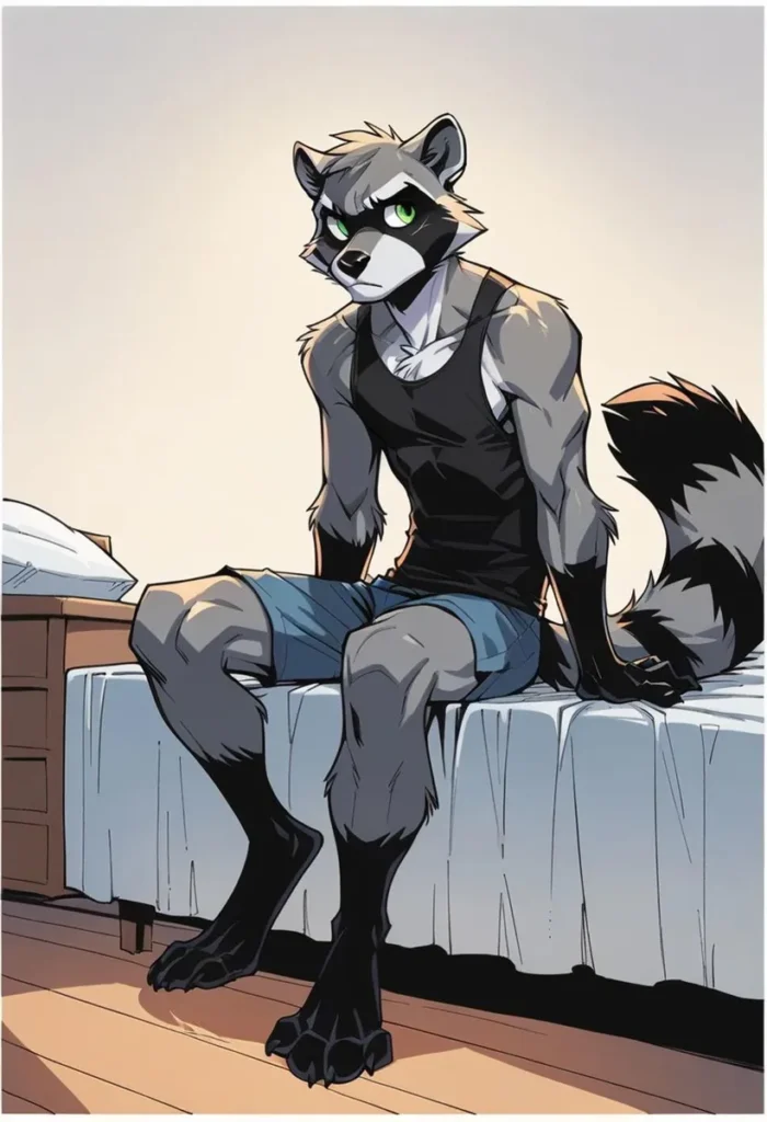 AI generated image using stable diffusion showcasing an anthropomorphic raccoon character sitting on a bed wearing a black tank top and blue shorts.