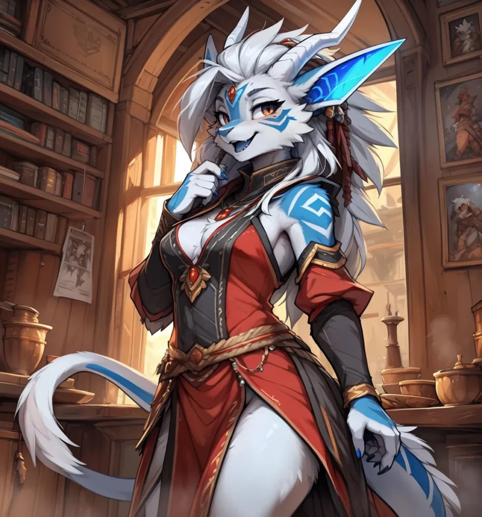 Anthro character with blue markings and white fur, standing in a detailed fantasy library, created using Stable Diffusion.