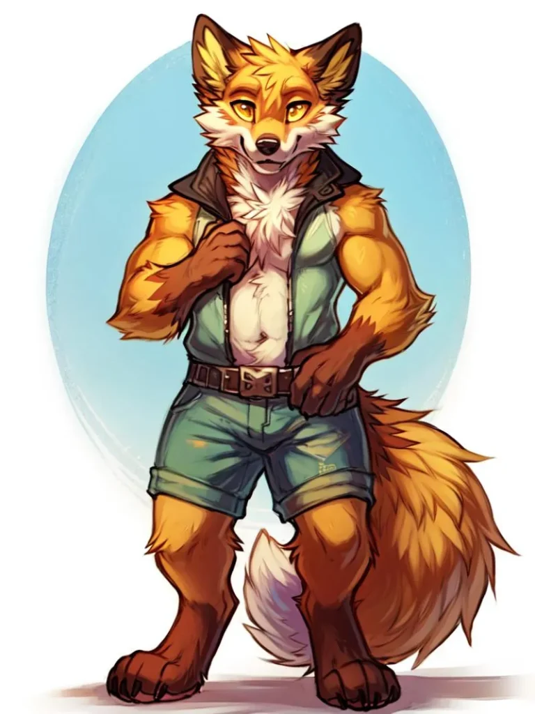 An AI generated image using Stable Diffusion of a muscular anthropomorphic fox in casual clothing, featuring a leather jacket and denim shorts.
