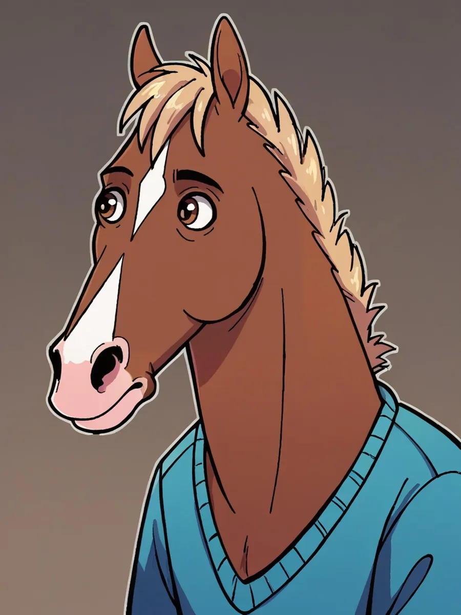 Anthropomorphic horse cartoon with brown fur, white facial markings, and a blue sweater, created using Stable Diffusion.