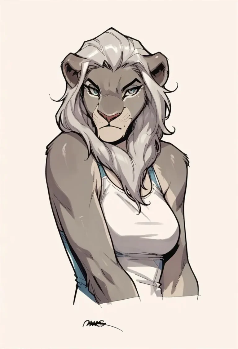 Digital illustration of an anthropomorphic lioness with long white hair and a neutral expression, created using stable diffusion.
