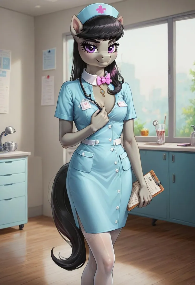 An AI generated image using stable diffusion of an anthropomorphic nurse unicorn with black hair and purple eyes, wearing a blue nurse outfit, standing in a medical room.