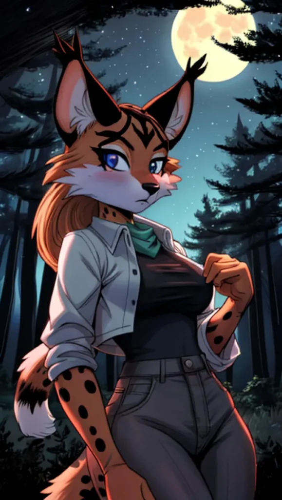 Anthropomorphic feline character with orange fur and black spots, standing in a moonlit forest. AI generated image using Stable Diffusion.