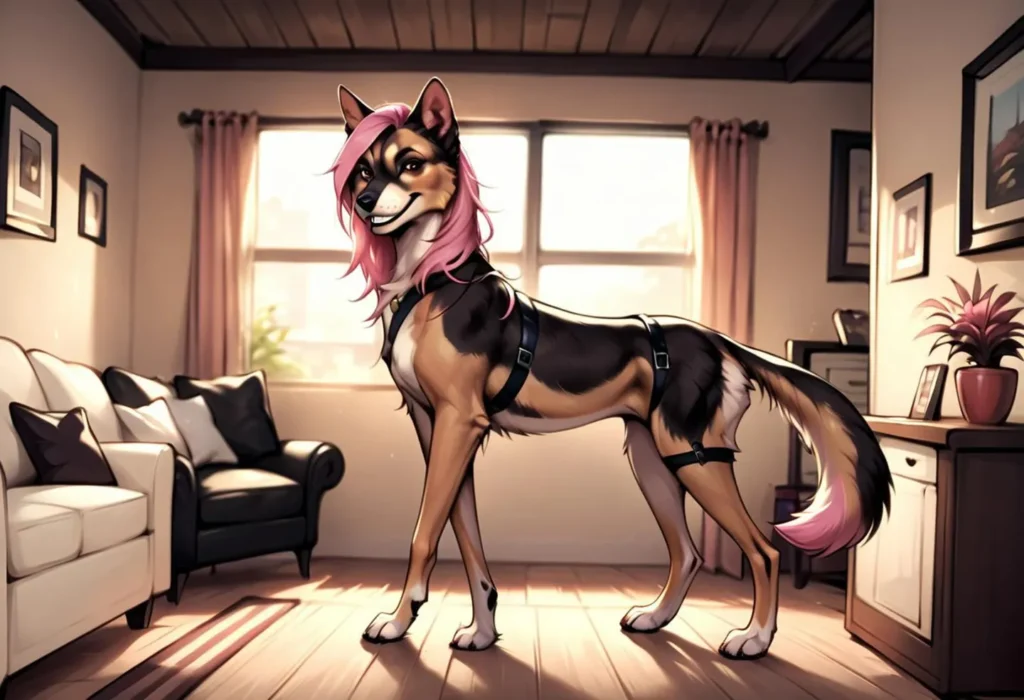An AI generated image of an anthropomorphic dog with pink hair, standing in a cozy living room with a harness.
