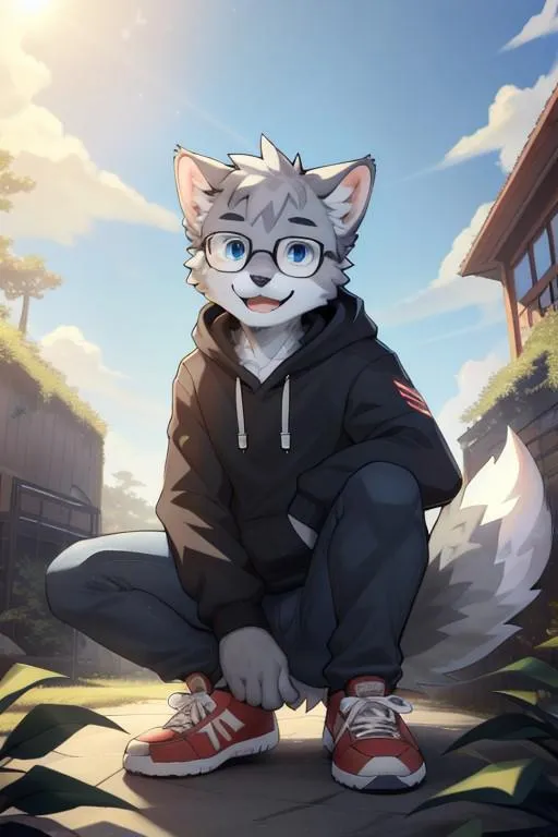 An anthropomorphic fox in anime-style illustration, wearing a black hoodie and red sneakers, sitting outdoors. AI generated image using stable diffusion.