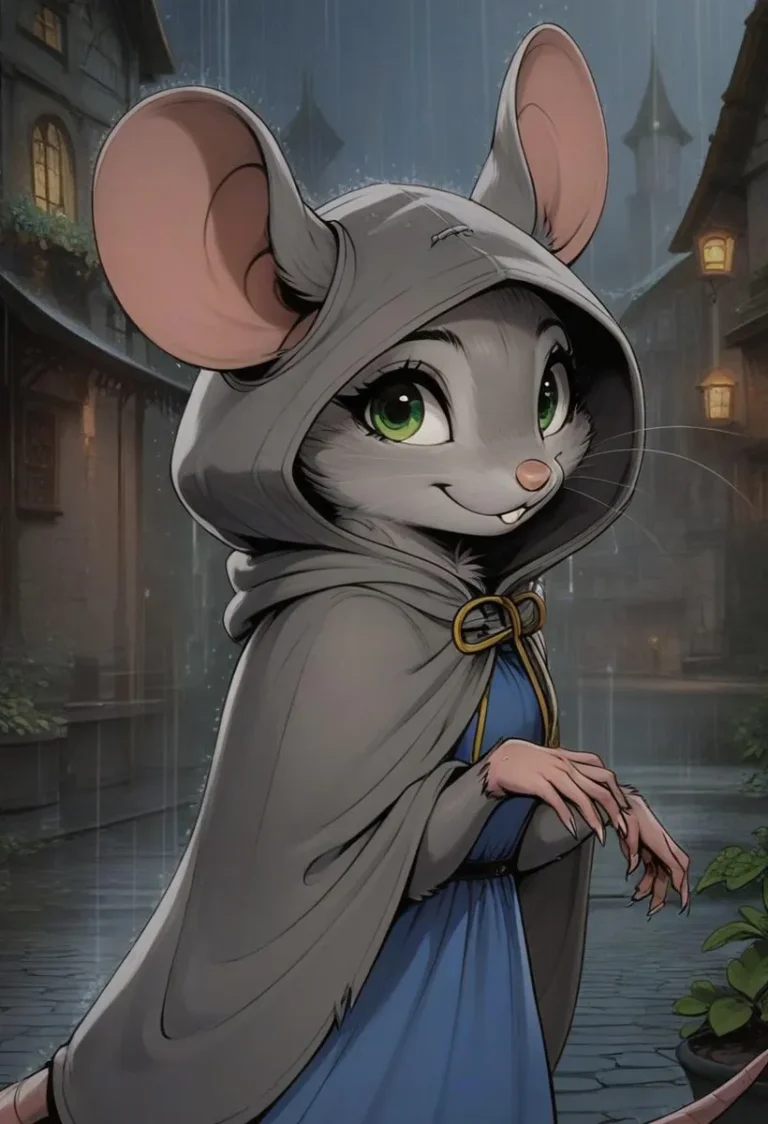 A digital art depiction of an anthropomorphic mouse with large ears and green eyes, dressed in a gray cloak and blue dress, standing in a rainy medieval fantasy town. AI generated image using Stable Diffusion.
