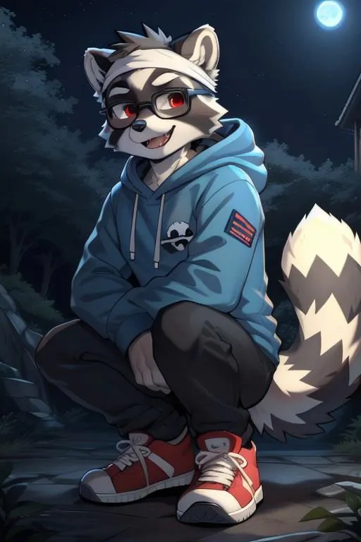 Anthropomorphic raccoon wearing a blue hoodie and red sneakers, created using stable diffusion AI.
