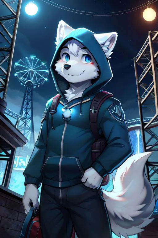 Anthropomorphic wolf character wearing a blue hoodie, AI generated image using Stable Diffusion.