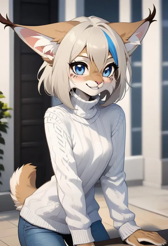 Anthropomorphic cat girl with blue and white hair, vivid blue eyes, dressed in a white sweater and jeans, leaning forward. AI generated image using stable diffusion.