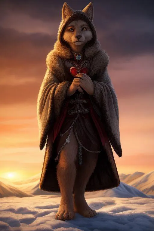 Anthropomorphic cat standing on snowy terrain wearing a medieval robe and holding a red heart ornament, AI generated image using stable diffusion.
