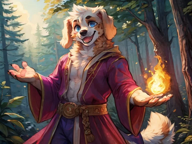 An anthropomorphic dog character in a forest wearing mage robes, conjuring a fireball with one hand. AI generated image using Stable Diffusion.