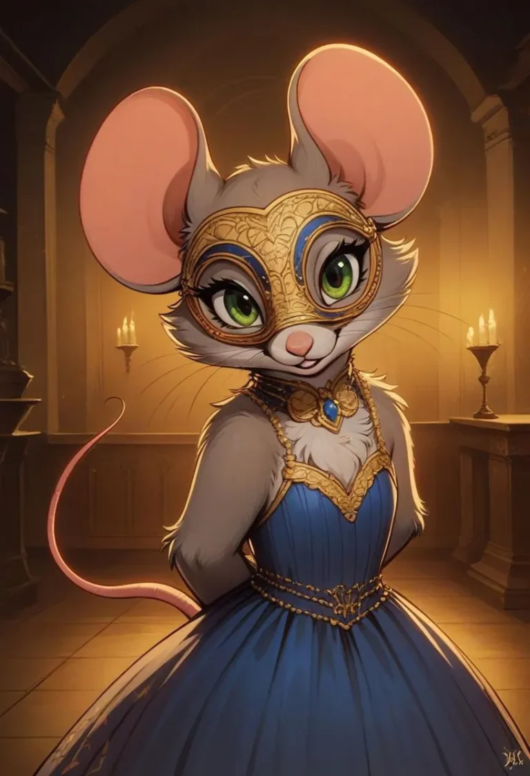 An AI generated image using Stable Diffusion of an anthropomorphic mouse wearing an elegant blue dress and intricate golden masquerade mask in a dimly lit room.
