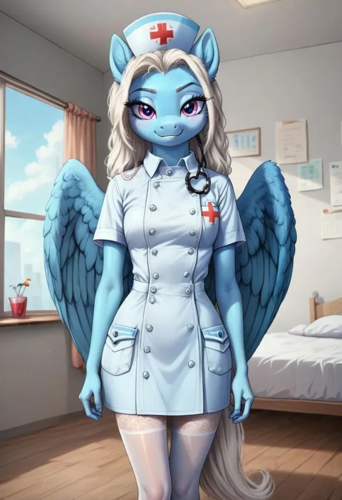 Anthropomorphic nurse with blue skin and wings in a hospital room, created using stable diffusion AI techniques.