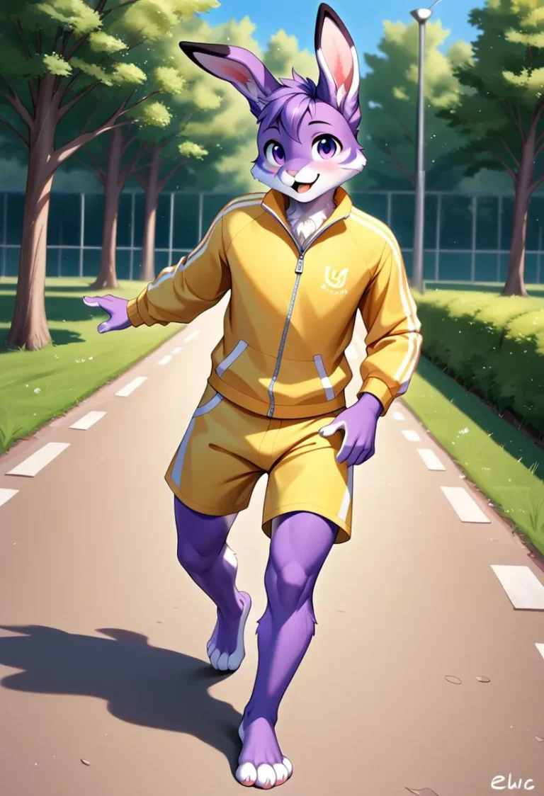 Anthropomorphic rabbit dressed in a yellow sports outfit jogging on a park pathway, AI generated image using Stable Diffusion.