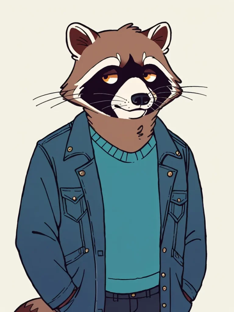 An anthropomorphic raccoon character wearing a blue sweater and denim jacket. AI generated image using Stable Diffusion.