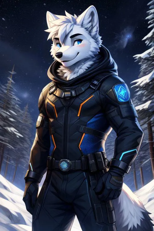 Anthropomorphic wolf character dressed in a sci-fi suit, created with AI using Stable Diffusion.