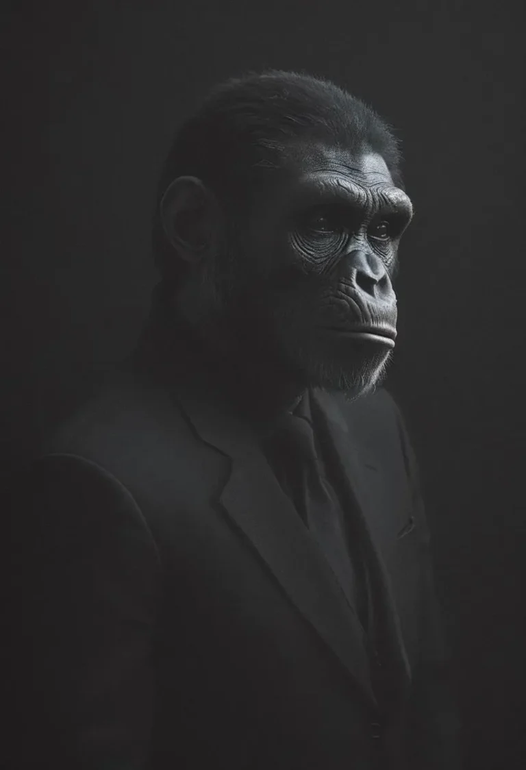 Ape in a formal black suit on a dark background. This is an AI generated image using Stable Diffusion.